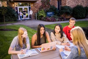 students sitting outside looking at a laptop