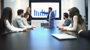 Business people in a meeting seated at a table while looking at a graph slideshow