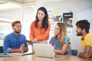 A team meeting between members of a digital marketing agency