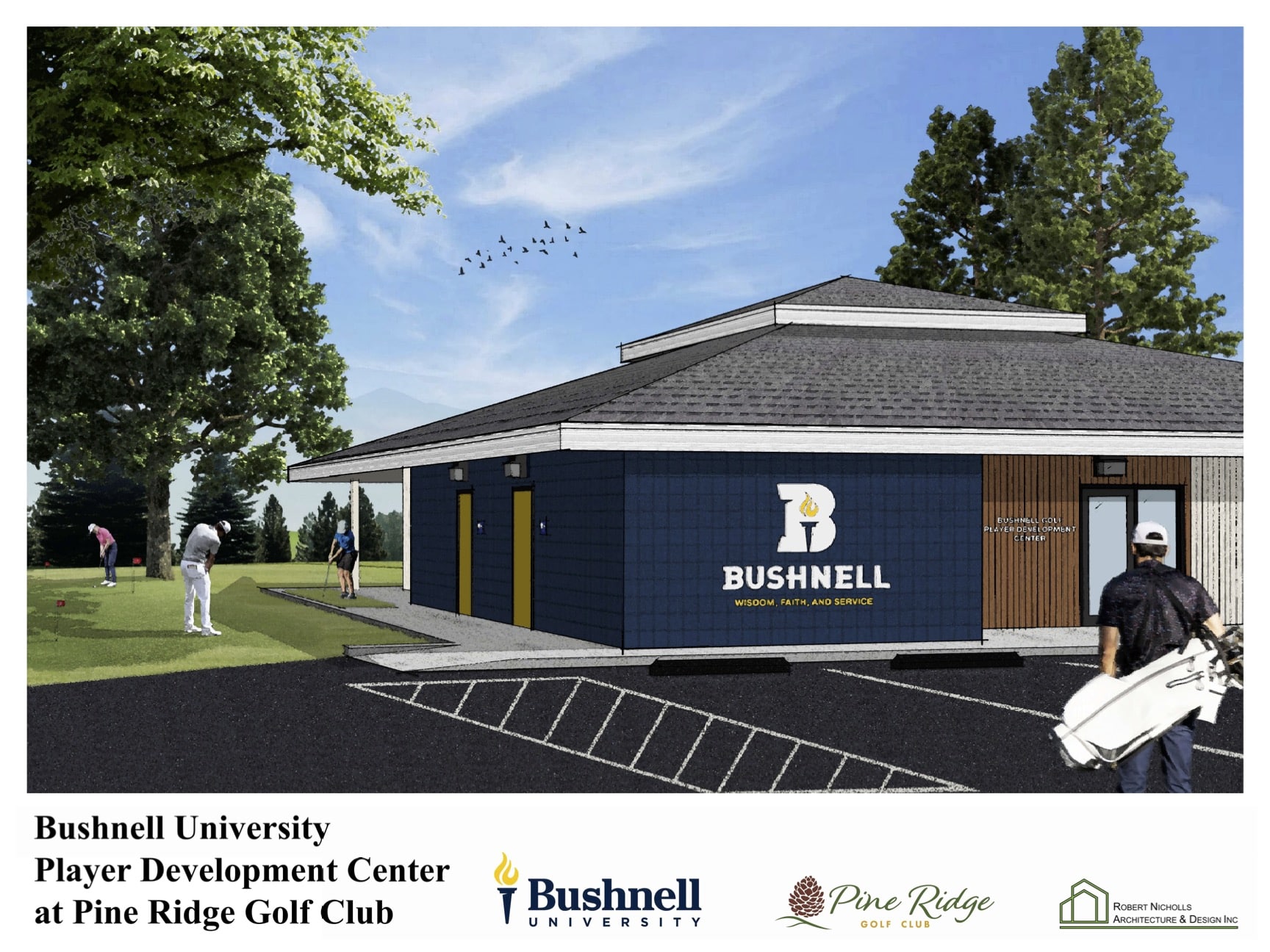 Exterior rendering of a single story building for the Bushnell Golf Player development center